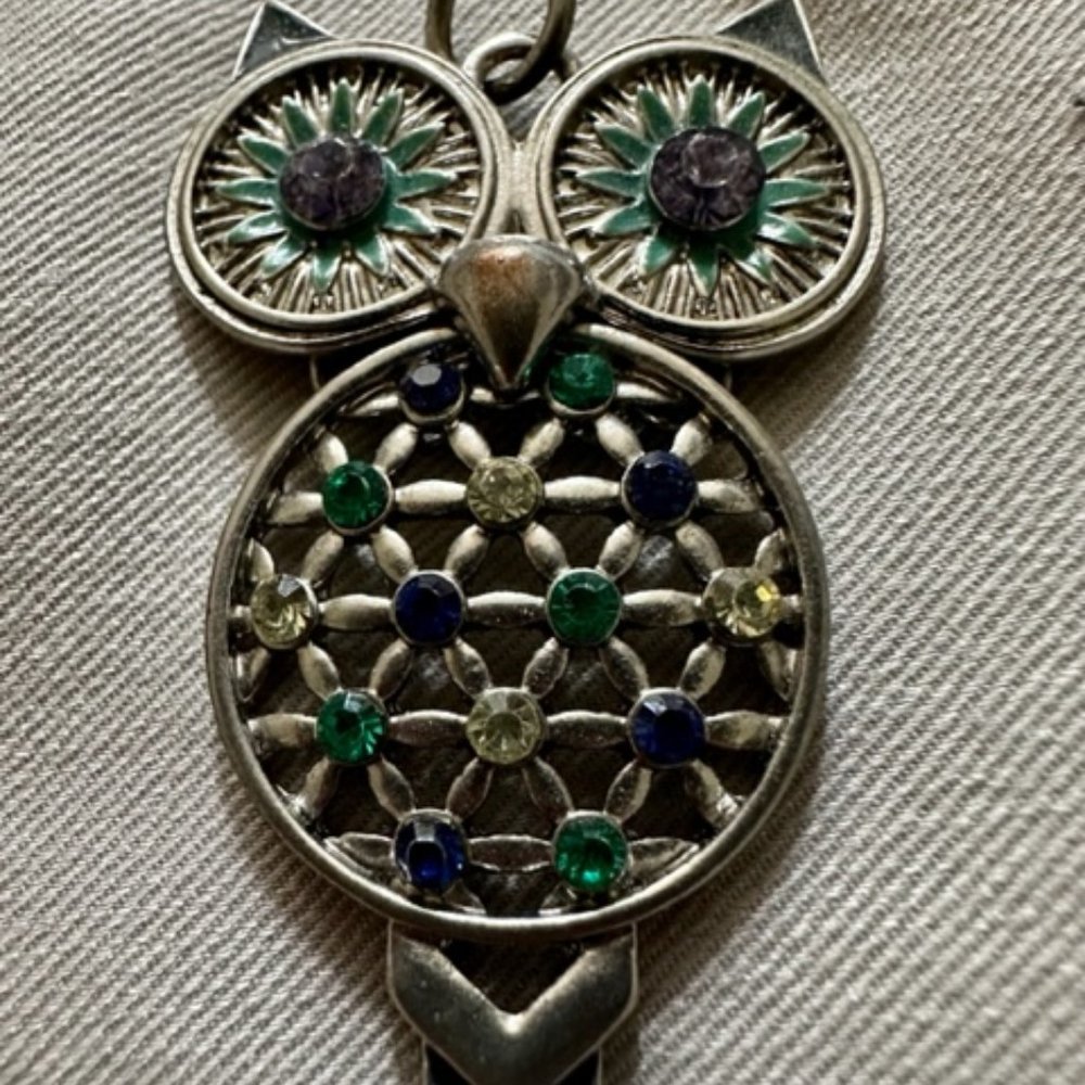 Owl Pendant Silver and Jewel Colors Cute!